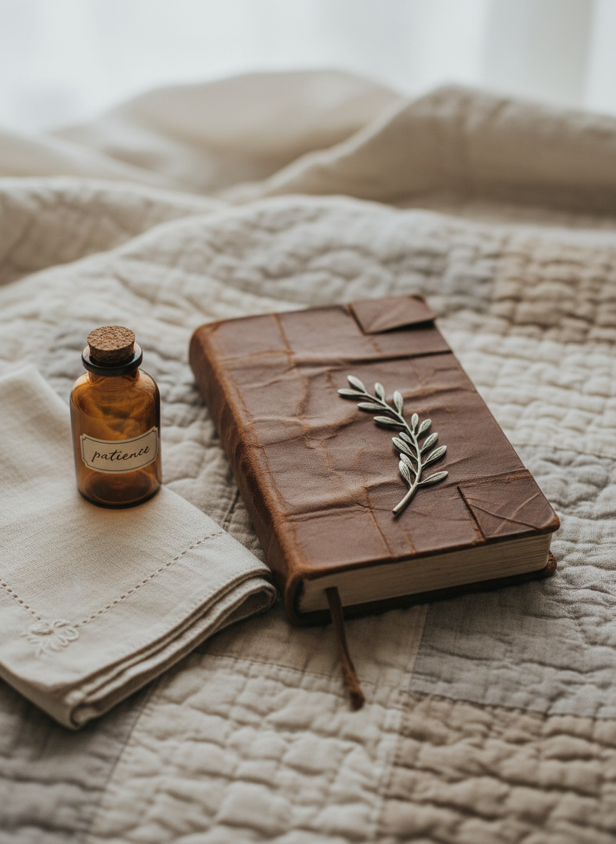 A close-up view of a worn but cherished leather notebook lies partially open on a quilted blanket in soft, neutral tones, a delicate metal bookmark in the shape of an olive branch peeking from its pages. Nearby, a small amber glass bottle labeled “patience” and a folded ivory handkerchief with embroidered edges rest gently. Overcast window light bathes the scene in a gentle, diffused glow, softening every edge and creating almost imperceptible shadows. The background falls away into a smooth, creamy blur. Photographic realism, centered composition, and a muted color palette create a mood of quiet courage, chronic illness, and unseen endurance lived with grace and faith.