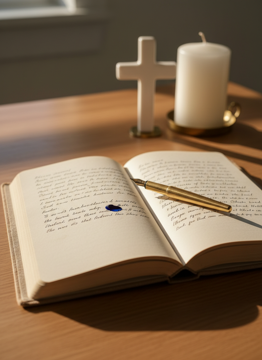 A hardcover journal bound in textured linen the color of warm stone lies open on an oak writing desk, its creamy pages filled with neat, handwritten reflections fading softly toward the edges. A brass fountain pen rests across the center fold, a small pool of fresh ink glistening near a sentence about hope. Diffused late-afternoon light pours through an unseen window, casting long, gentle shadows and a calm, contemplative glow. In the softly blurred background, a simple ceramic cross and a single white candle sit on the desk. Photographic realism, eye-level composition, shallow depth of field, and a minimalist, sophisticated aesthetic create a mood of quiet faith and dignified introspection.