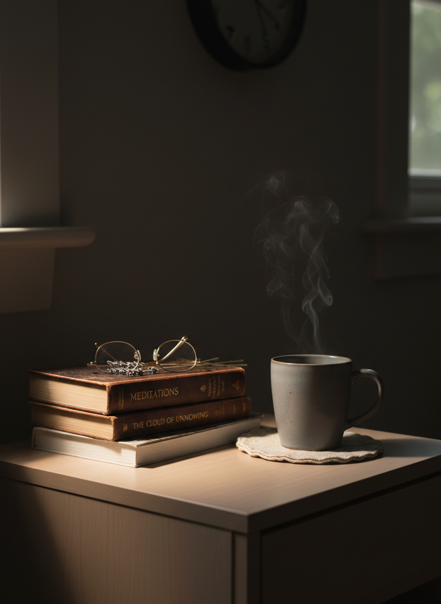 On a nightstand of pale, matte wood, a small stack of carefully chosen books on philosophy and spirituality is topped with a pair of thin, gold-rimmed reading glasses and a sprig of dried lavender. A ceramic mug in muted dove gray, faint steam curling from its surface, rests on a linen coaster beside them. Outside the frame, a single bedside lamp casts warm, focused light across the objects, leaving the background in soft, velvety shadow. The overall mood is intimate and reflective, suggesting long evenings of thought and prayer. Photographic realism with a slightly elevated angle and shallow depth of field emphasizes texture and subtle detail, conveying dignity amid quiet, hidden seasons of life.