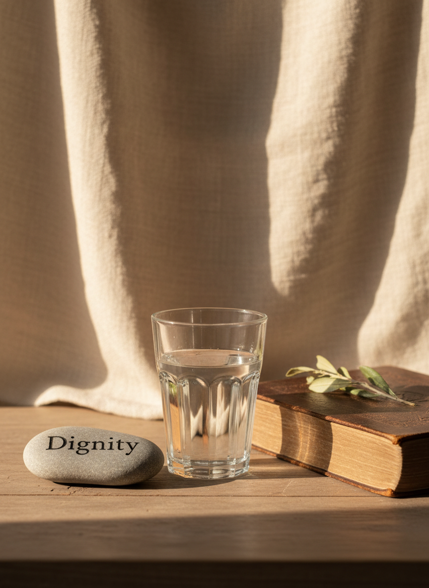 A simple wooden table holds a small arrangement of symbolic objects: a smooth river stone engraved with the word “Dignity,” a delicate glass of clear water catching the light, and a weathered leather-bound book with a pressed olive leaf marking a page. Behind them, an unfurled linen cloth in muted cream drapes softly, creating gentle folds. Soft morning light from the left washes over the scene, creating subtle highlights and tender shadows, evoking a sense of reverence and calm. The composition follows the rule of thirds, with a shallow depth of field that blurs the background into a gentle haze. Photographic realism and a clean, refined style underscore themes of faith, resilience, and inherent human worth.
