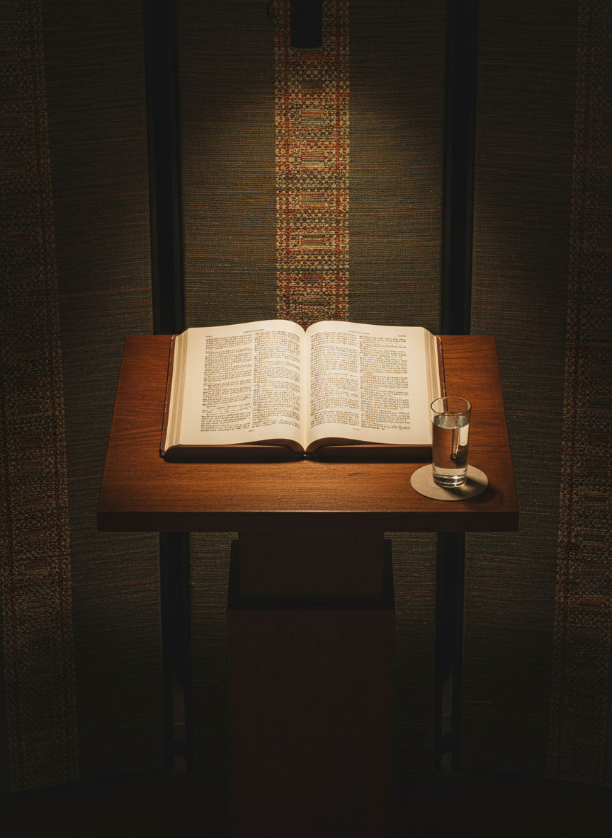 A simple wooden lectern stands alone in a softly lit room, its surface polished from years of use, supporting an open manuscript printed on thick, ivory paper with carefully spaced, elegant text. A single, slim glass of water sits to the side, a faint ring of condensation forming beneath it. Behind the lectern, vertical panels of warm, textured fabric in muted earth tones create a dignified backdrop. Overhead spotlights cast a focused yet gentle pool of light on the lectern, leaving the surroundings subtly darkened. Photographic realism, eye-level framing, and a slightly wide composition convey the solemn anticipation of motivational and ceremonial speaking, suffused with quiet authority and ethical reflection.